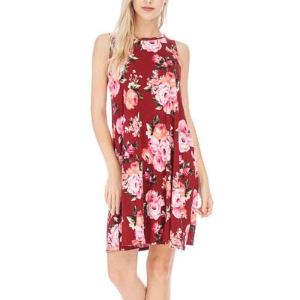 Red Floral Sleeveless Midi Dress